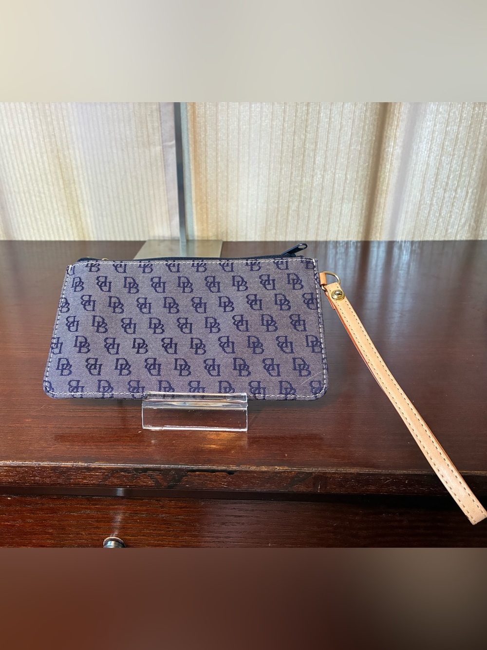 Dooney & Bourke Navy Monogram Wristlet with Tan Strap - Picture 2 of 3